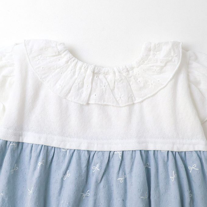 日本 ZOOLAND - 貝殼蕾絲領緹花短袖上衣-蝴蝶結印花-象牙