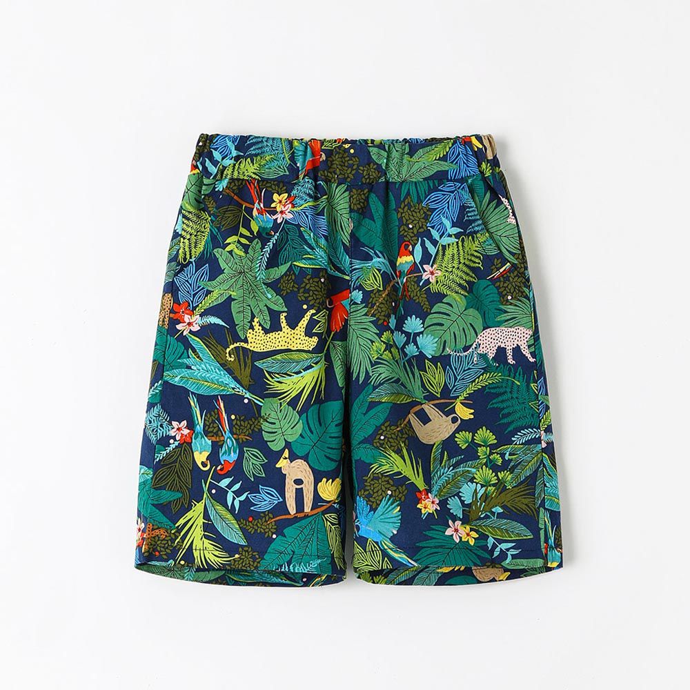 韓國 OZKIZ - 鬆緊腰熱帶叢林動物印短褲-深藍X綠