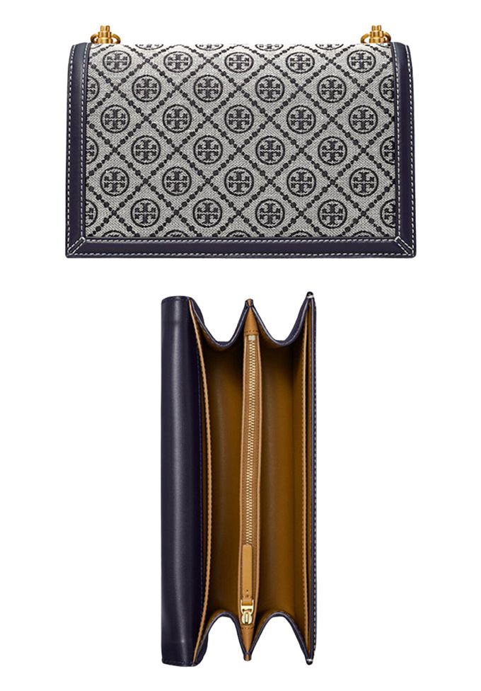 TORY BURCH - 緹花拼接皮革斜背包 (深藍)