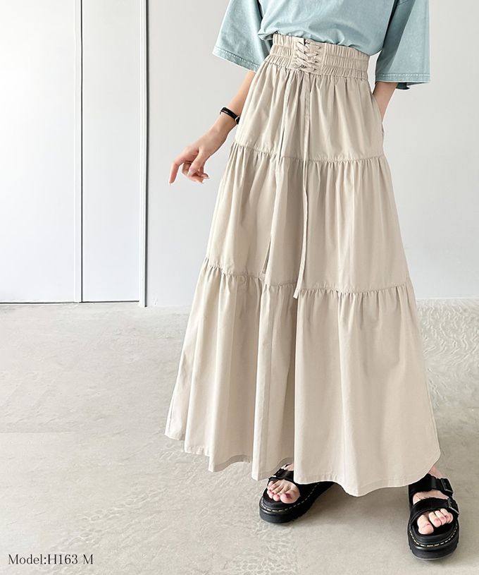 日本 Classical Elf - 古典優雅綁帶分層鬆緊長裙-象牙