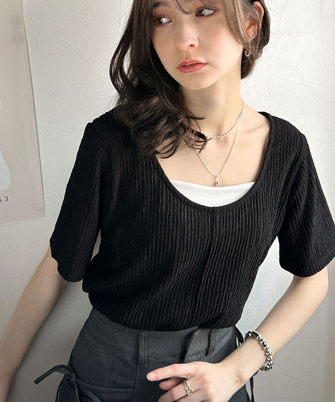 日本 Classical Elf - 前後2way優雅紋理短袖上衣-象牙白