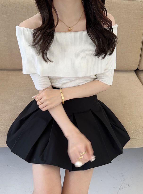 日本 GRL - 一字領羅紋顯瘦短袖上衣-白 (F)