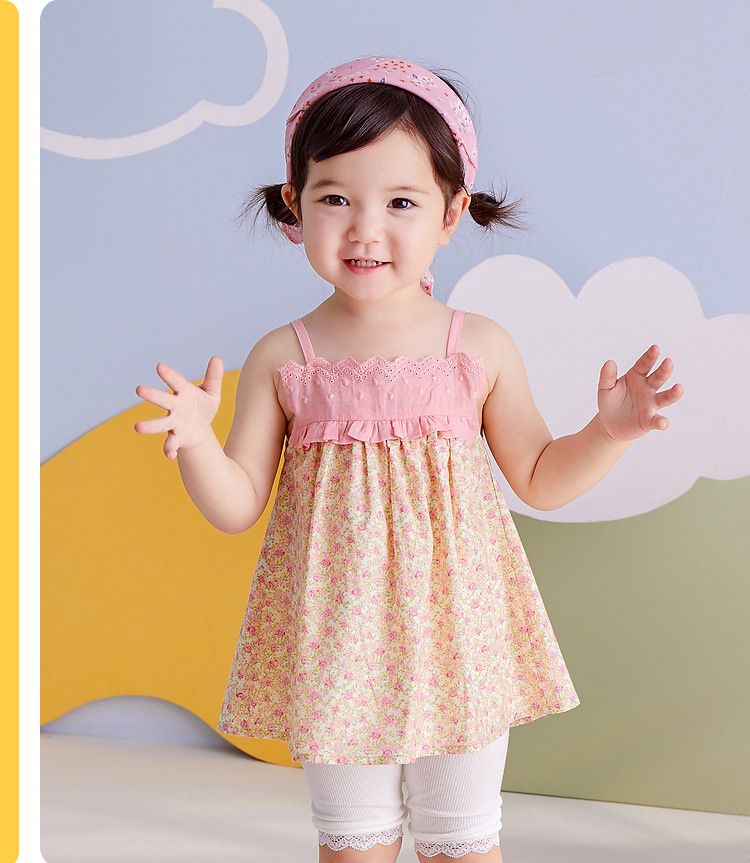 田園風純棉吊帶洋裝-碎花款-粉色