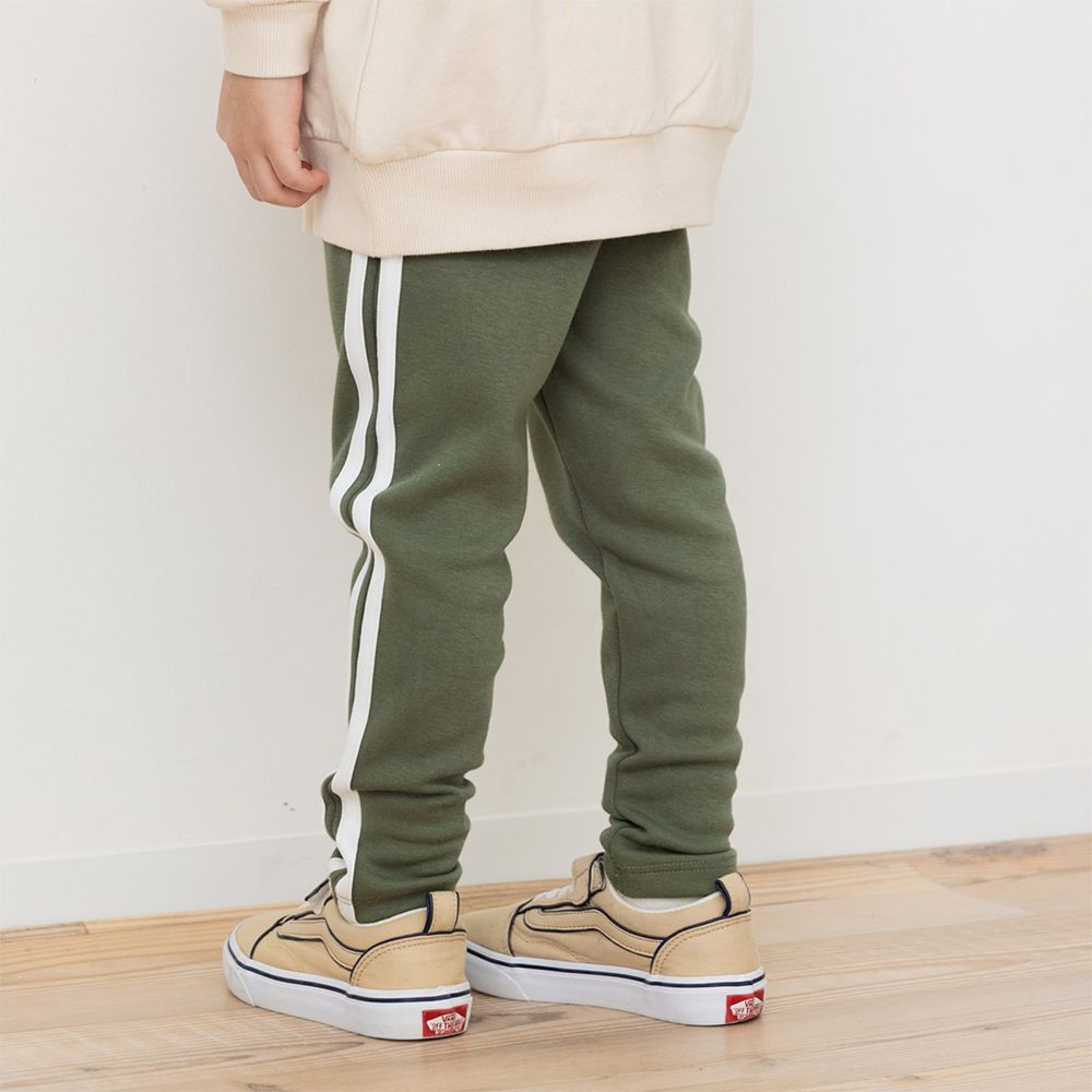 熱銷！刷毛保暖彈力合身長褲-側邊條-軍綠