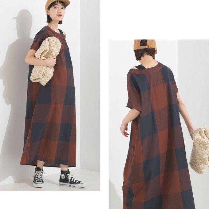 日本 OMNES - 100%印度棉 清爽格紋短袖洋裝-黑白