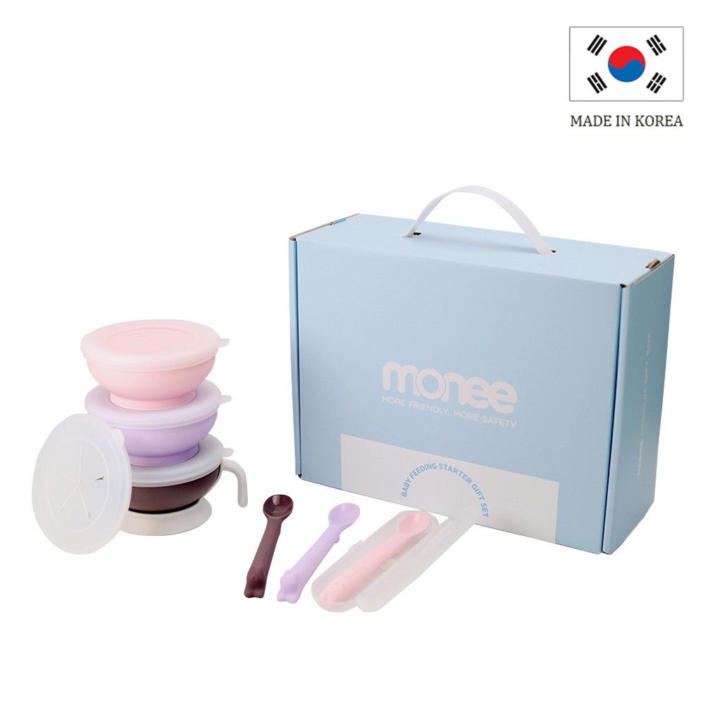 韓國 monee - 寶寶白金矽膠碗+白金矽膠湯匙 禮盒組-草莓粉 、薰衣紫、可可色組合套組-150ml (5.1oz)X3