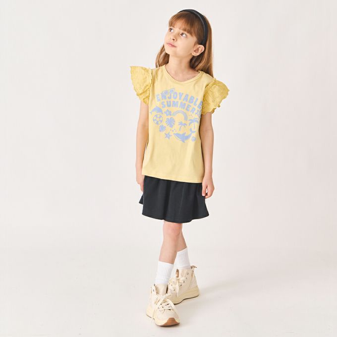 日本 evercloset - 100%棉 蕾絲荷葉邊印花短袖上衣-黃