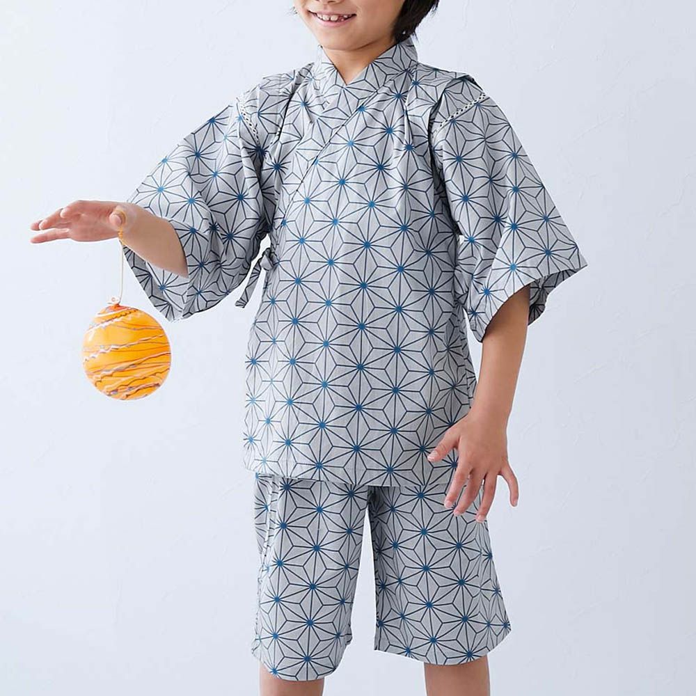 期間限定！經典日式風甚平套裝-麻紋-藍x淺灰