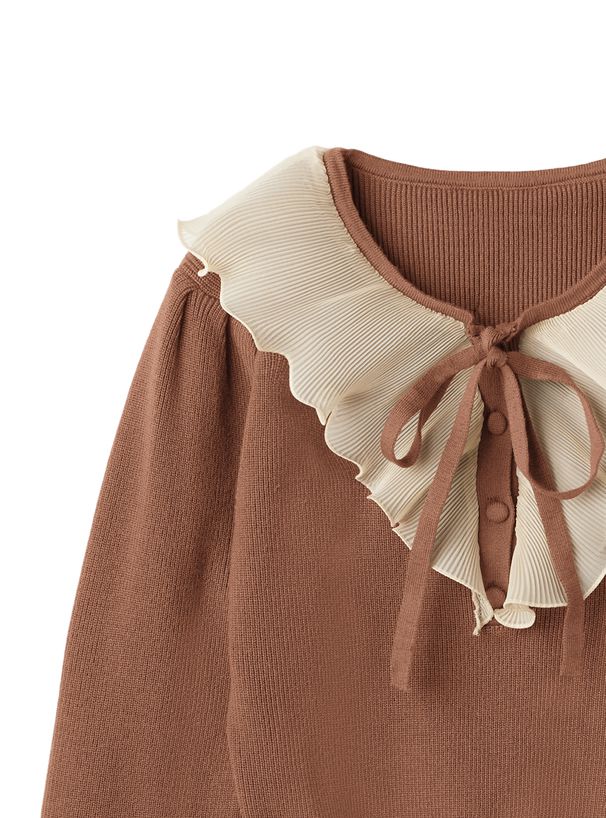 日本 GRL - 華麗貝殼紋荷葉拼接針織上衣-咖啡