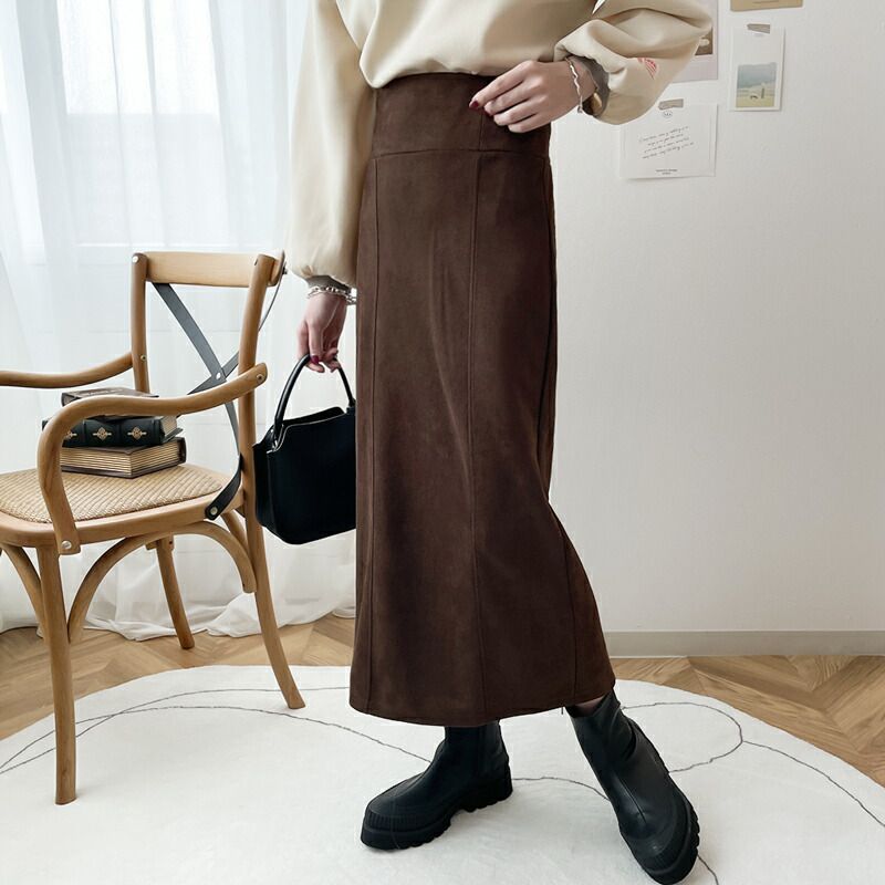 日本 Classical Elf - 麂皮質感後鬆緊修身長裙-咖啡