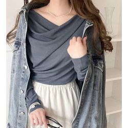 日本 Classical Elf - 柔美皺摺顯瘦V領薄長袖上衣-炭灰