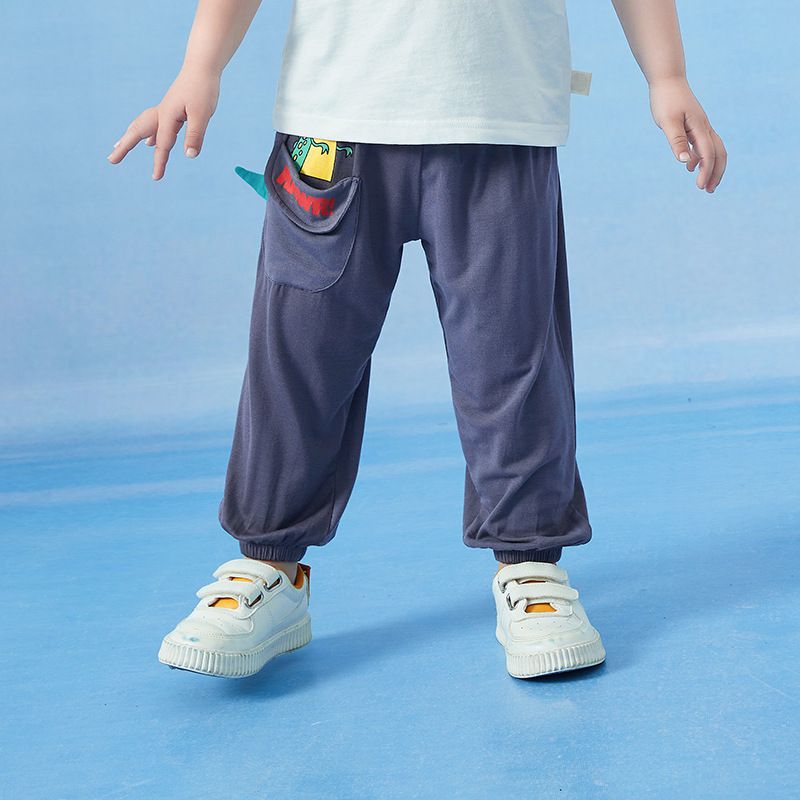 立體卡通圖束口長褲/防蚊褲-大眼睛恐龍-淺藍色