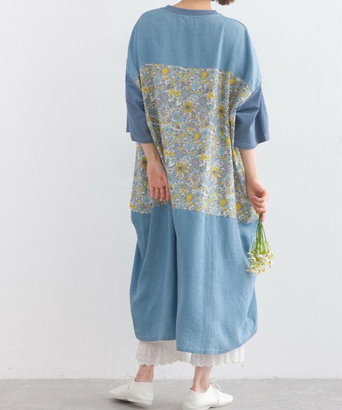 日本 Lupilien - 異素材花朵拼布清新五分袖洋裝-黑