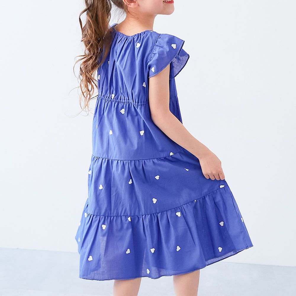 100%棉 輕盈荷葉分層短袖洋裝-刺繡愛心-寶藍