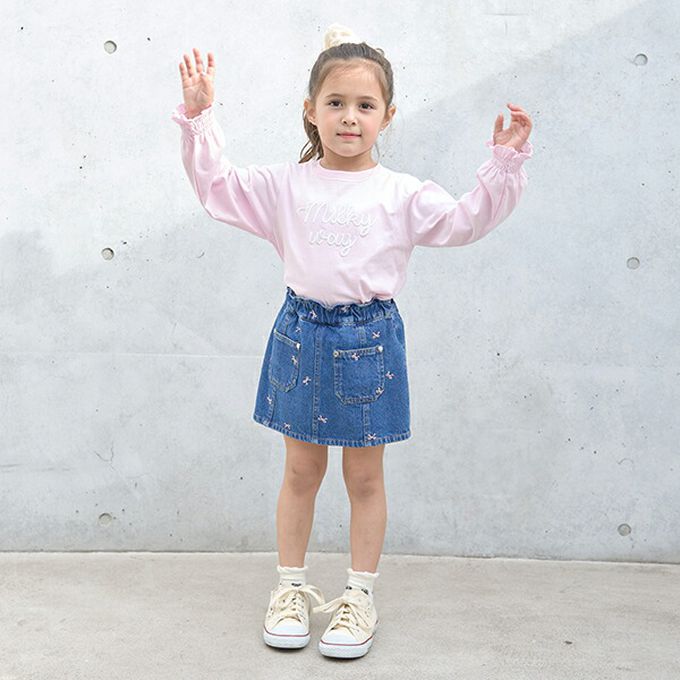 日本 Lycee mine - 甜美刺繡純棉丹寧風褲裙-蝴蝶結-中青