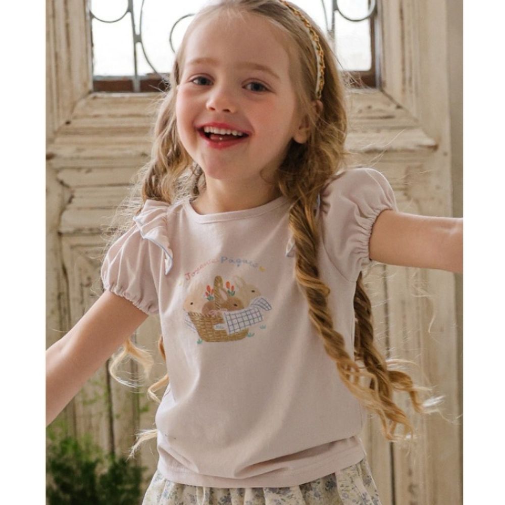 Puellaflo 竹籃兔兔泡泡短袖純棉上衣-淺粉