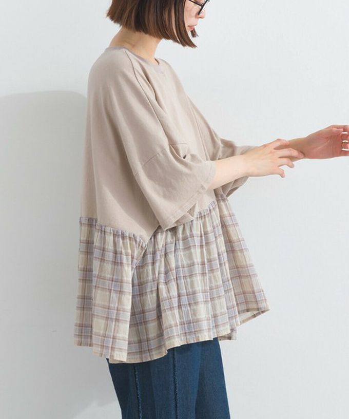 日本 Lupilien - 接觸涼感 可愛格紋休閒五分袖上衣-橘