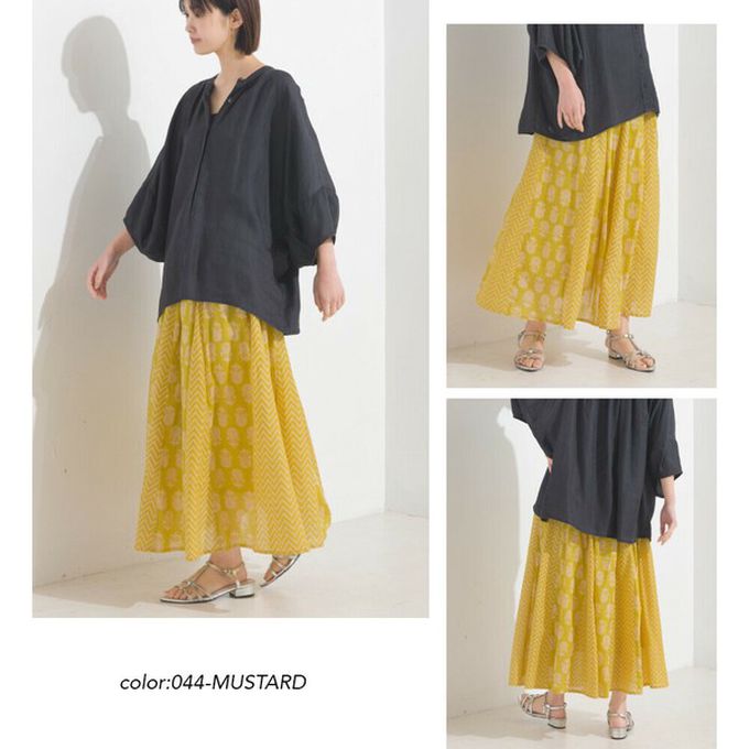 日本 OMNES - 100%印度棉 奢華印花飄逸感長裙-黃