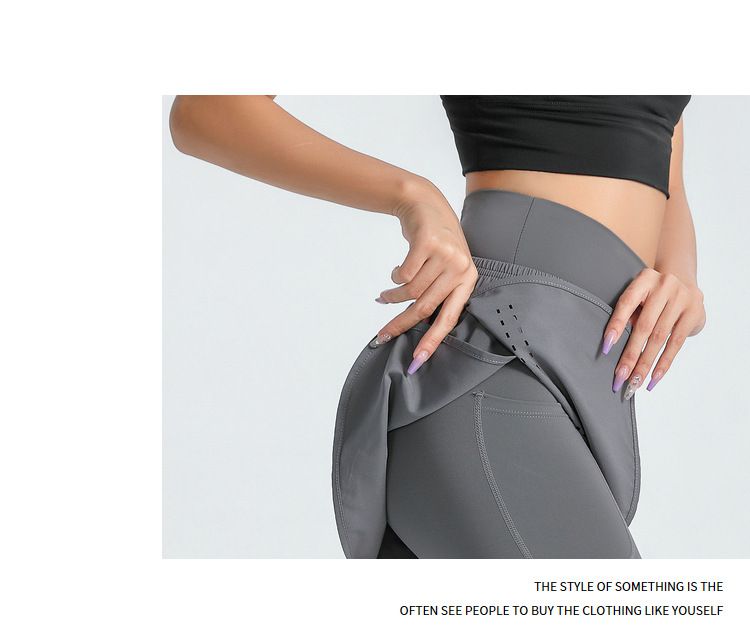 大碼高腰收腹假兩件防走光瑜珈褲-黑色