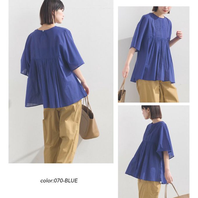 日本 OMNES - 純棉巴里紗柔美皺摺寬袖上衣-寶藍