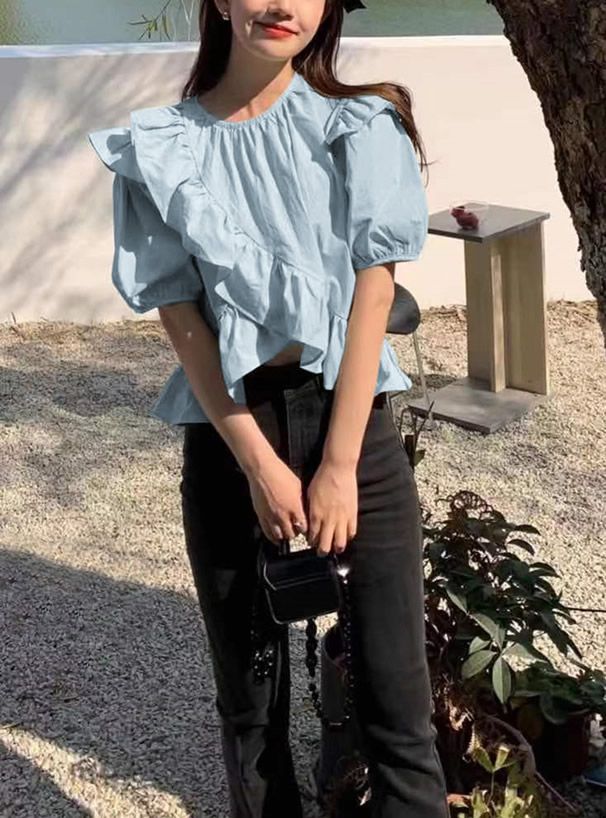 日本 GRL - 不規則層次荷葉邊短袖上衣-水藍