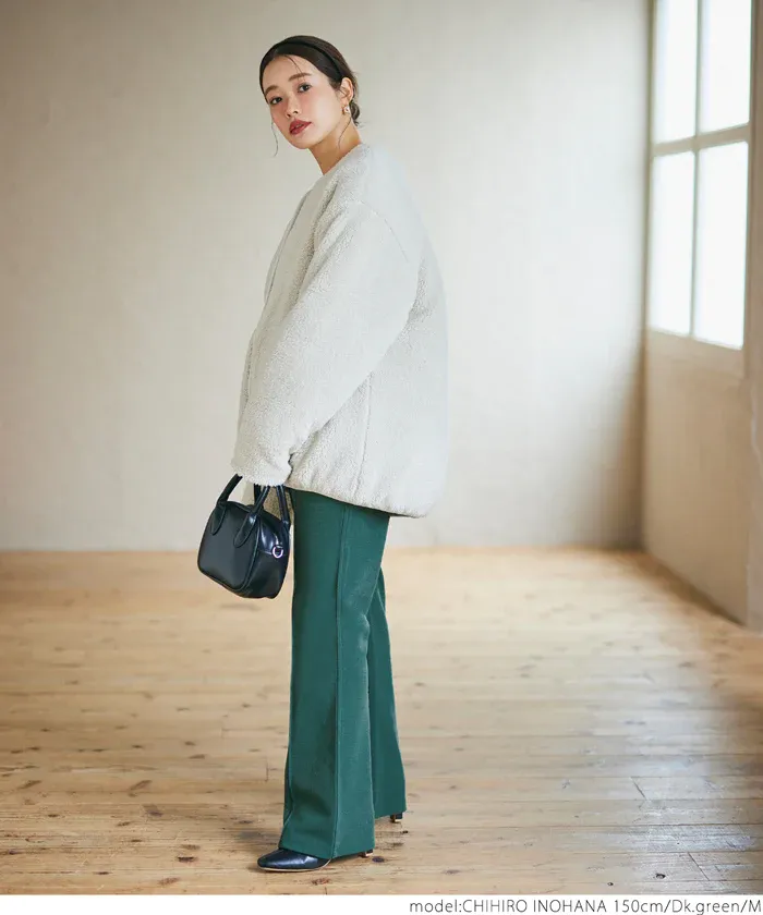 日本 COCA - 裏起毛摺線美腿微喇叭褲-黑