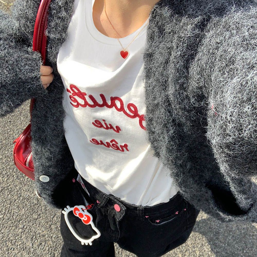 可愛法語印花休閒T恤-白 (F)