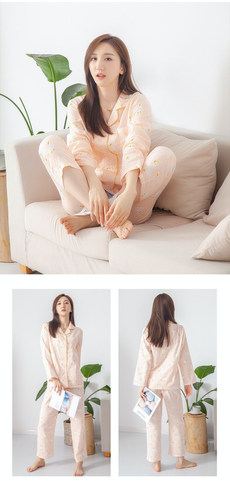 雙層棉紗布長袖家居睡衣套裝-成人款-粉橘底鴨子