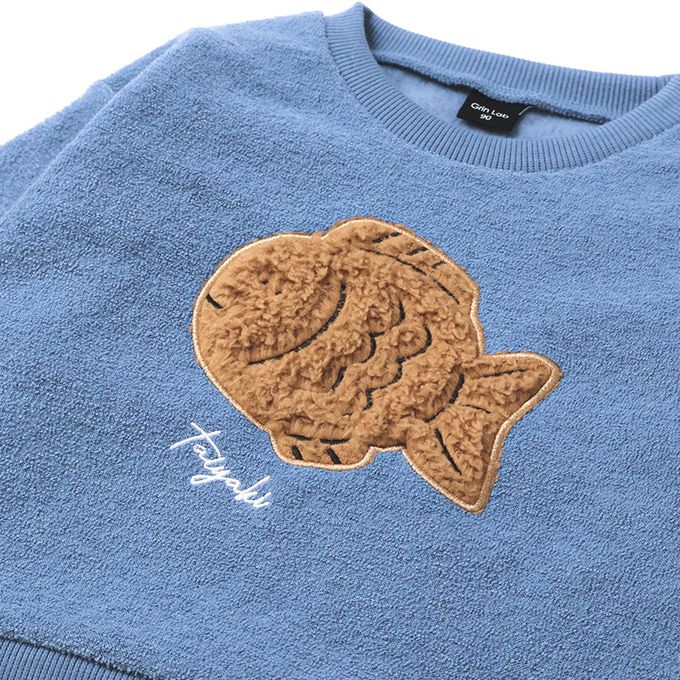 日本 ZOOLAND - 食物刺繡裏起毛長袖上衣-鯛魚燒-灰藍