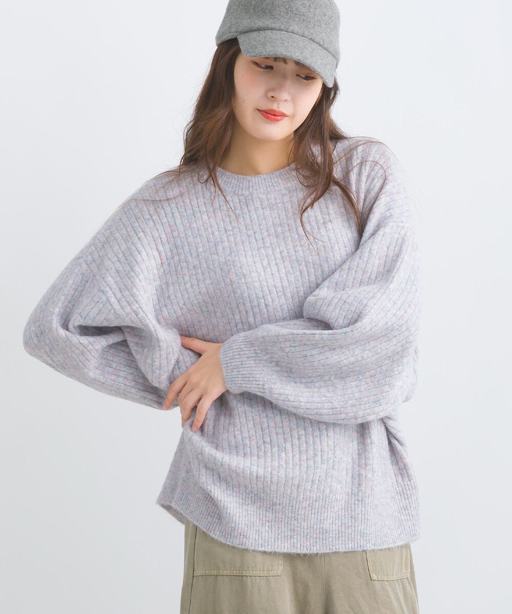 日本女裝代購 - 大寬袖圓領混色針織上衣-米黃