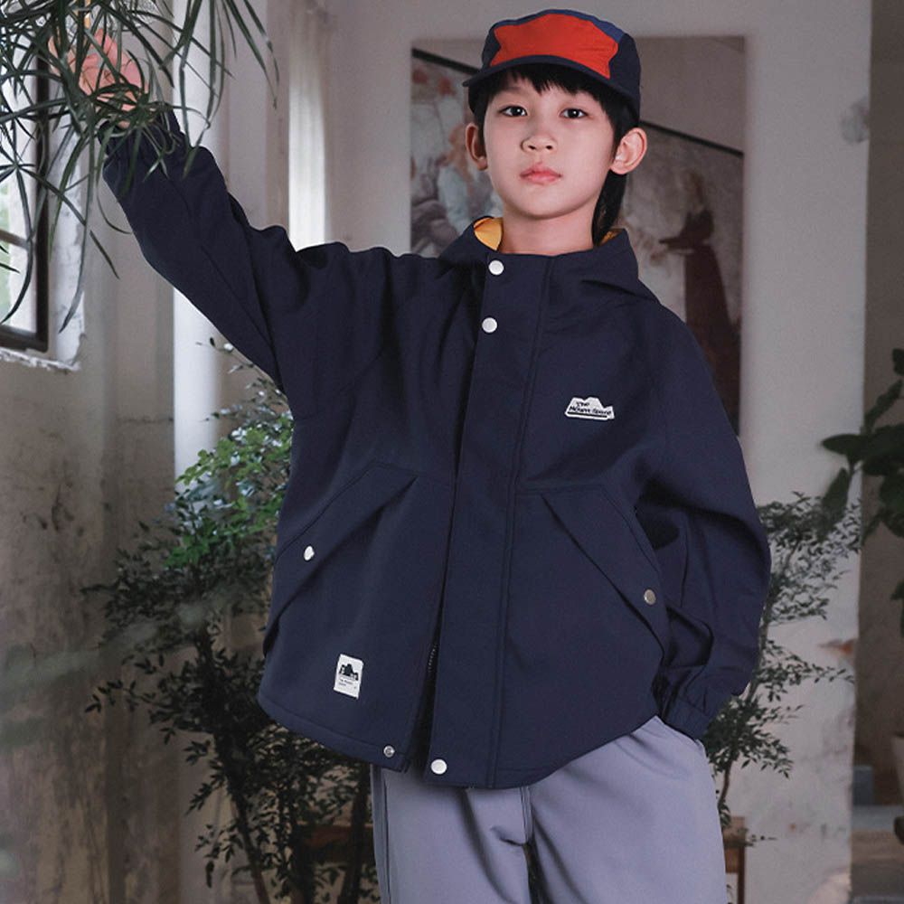 防潑水薄刷絨立領防風連帽外套-藏青