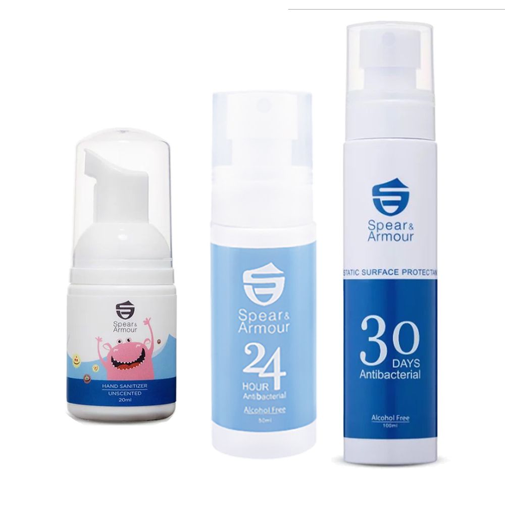 美國Spear&Armour思必兒 - 全面防護三入組-30天表面長效防護噴劑100ml+24小時表面防護噴劑50ml+長效乾洗手慕斯怪獸版-無味20ml