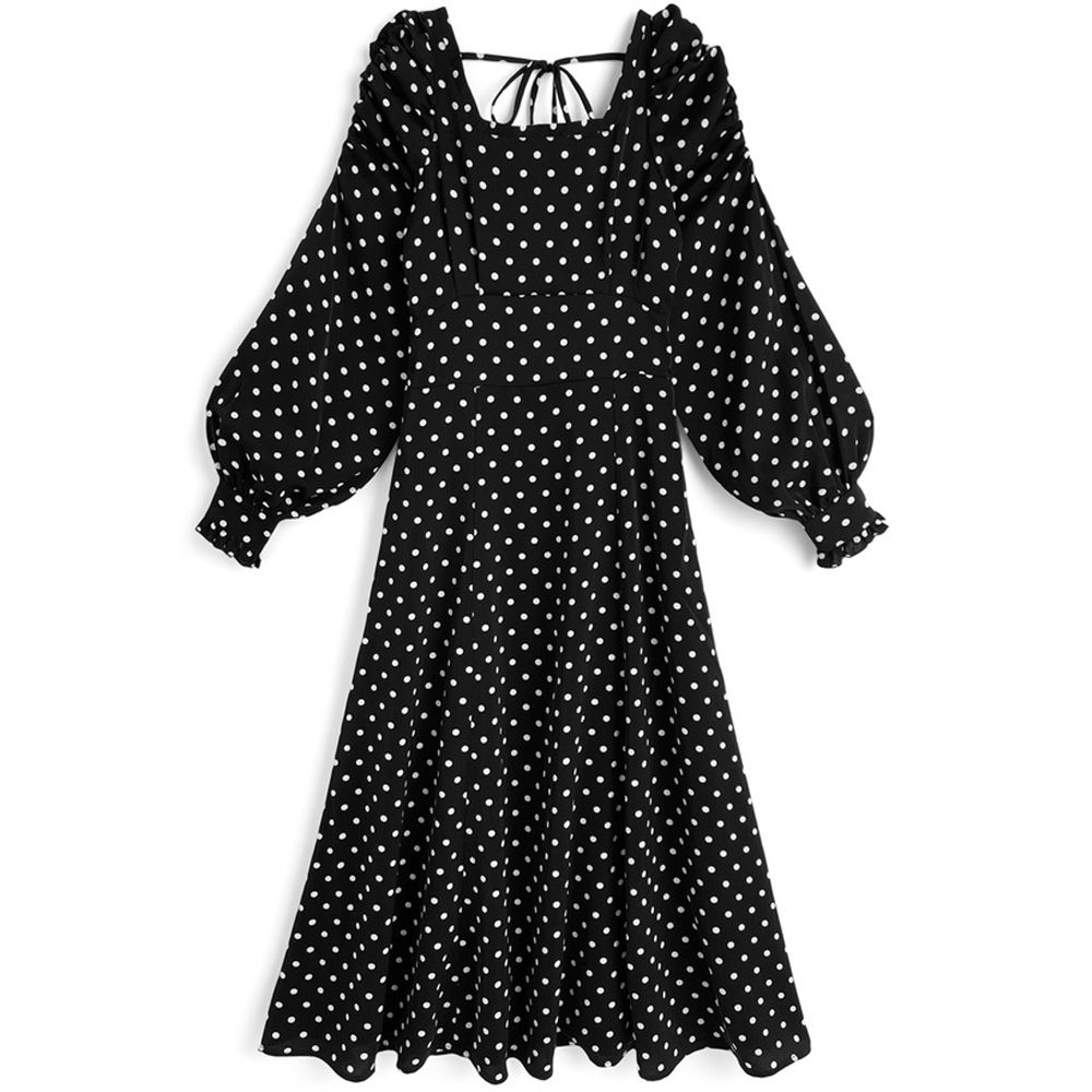 法式優雅波點方領宮廷袖洋裝-黑