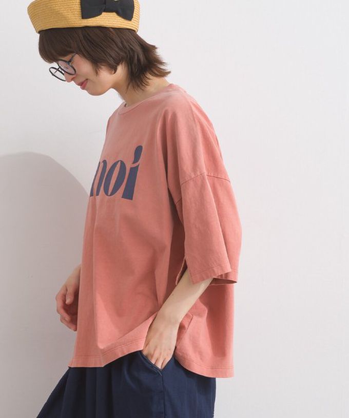 日本 Lupilien - 純棉復古刷色簡約落肩五分袖上衣-珊瑚橘