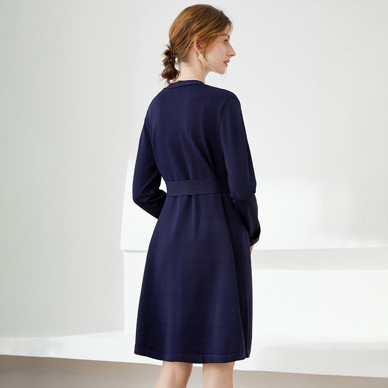 蝴蝶結綁帶針織長袖連身裙-深藍色