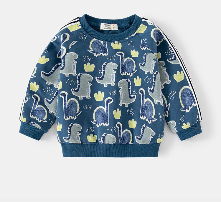 WELLKIDS - 圓領棉質長袖上衣/大學T-塗鴉萌萌恐龍-深藍色