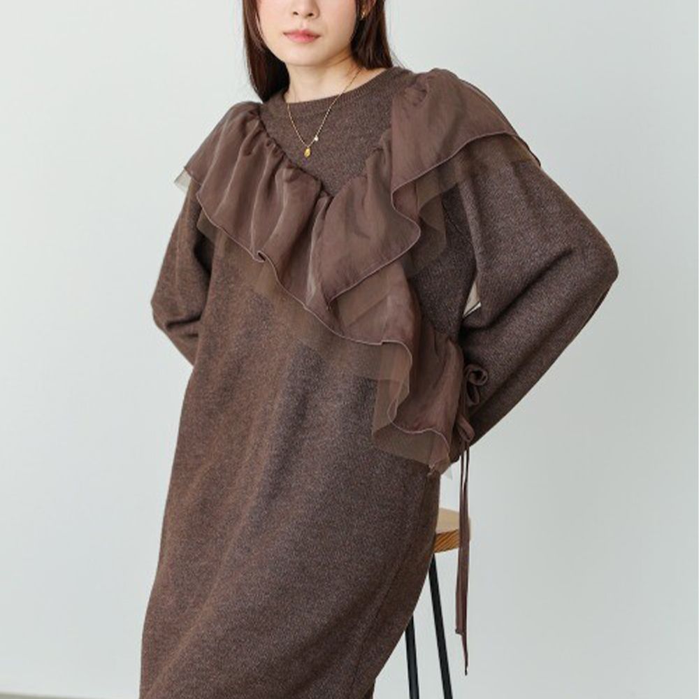 交叉薄紗荷葉柔美針織長袖洋裝-咖啡
