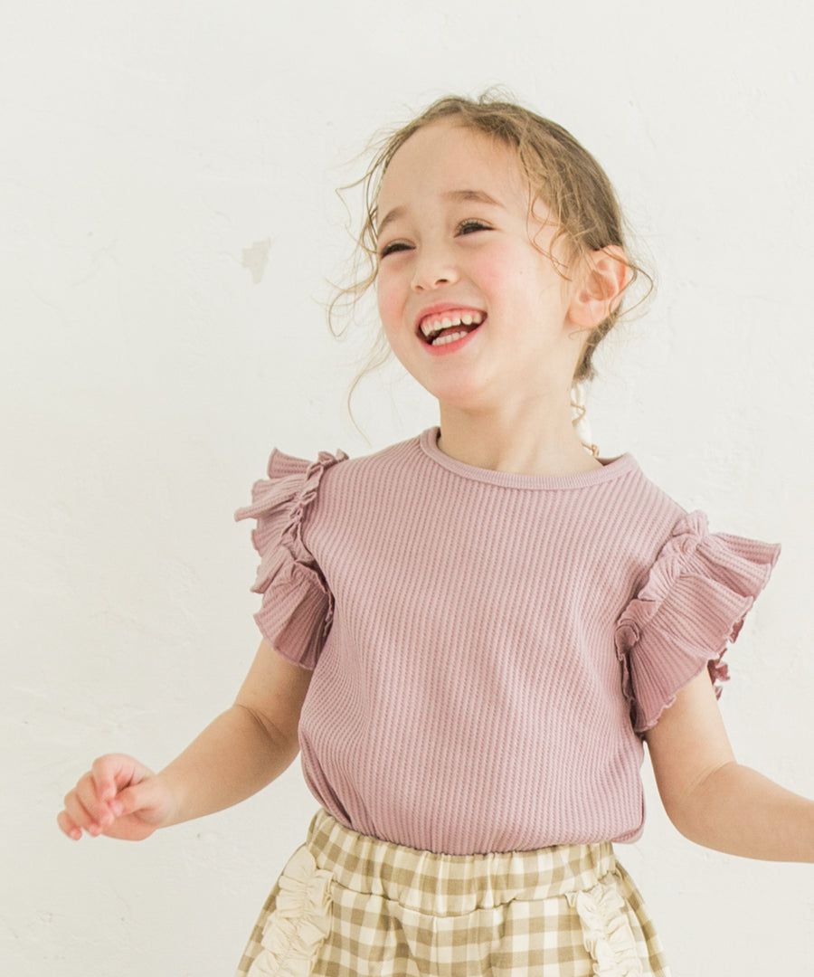 日本 PAIRMANON - 純棉荷葉衣袖拼接鬆餅紋短T-黑