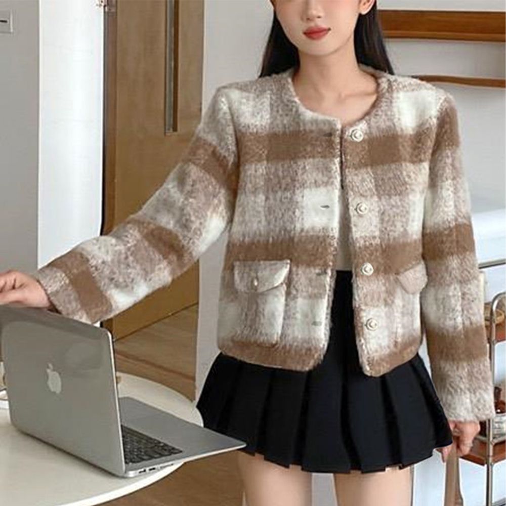 復古感格紋甜美毛海無領外套-淺棕 (F)