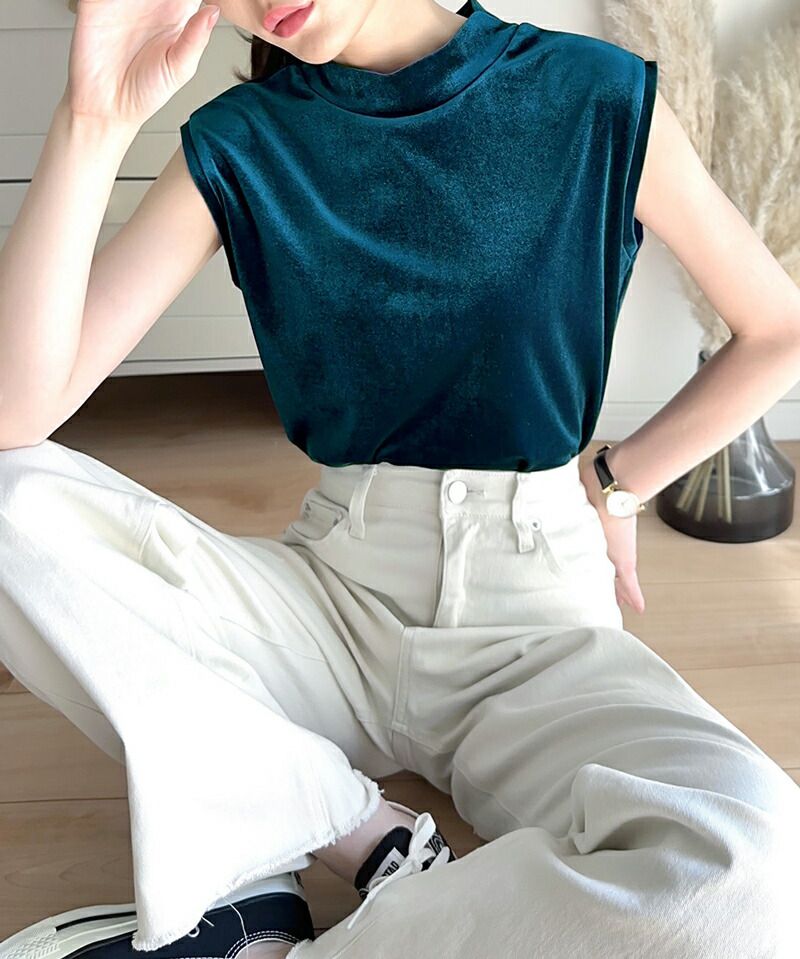 日本 Classical Elf - 高級絨感立領無袖上衣-孔雀藍