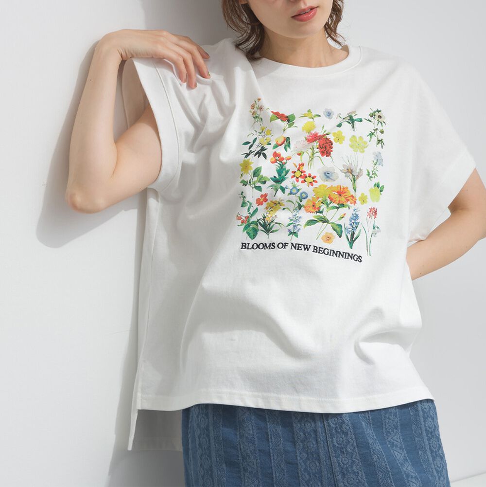16支天竺棉 彩色花卉短袖上衣-白