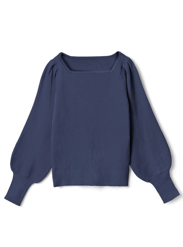 日本 GRL - 方領直羅紋氣球袖針織上衣-玫瑰粉