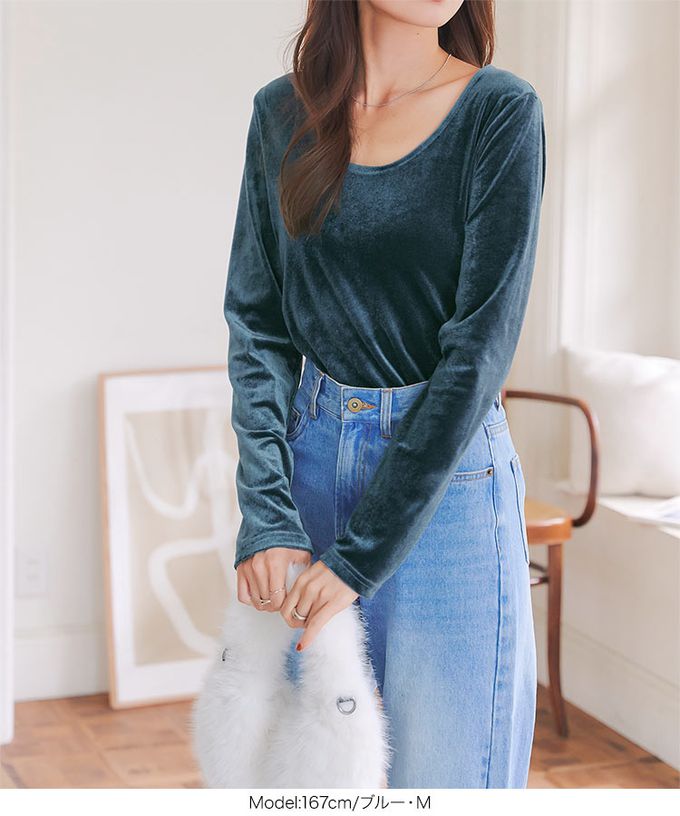 日本 Kobe Lettuce - 前後2way 光澤絲絨U領長袖上衣-酒紅