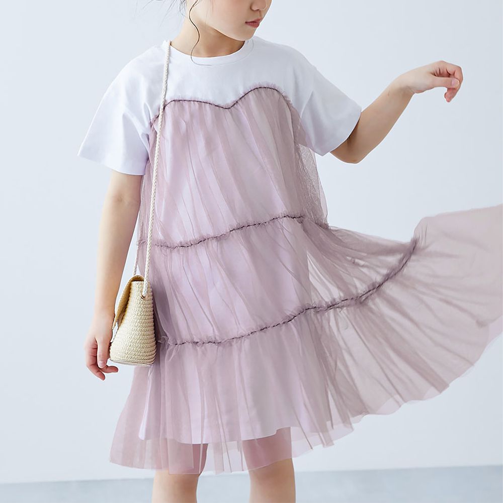 柔軟薄紗拼接甜美短袖洋裝-粉紫
