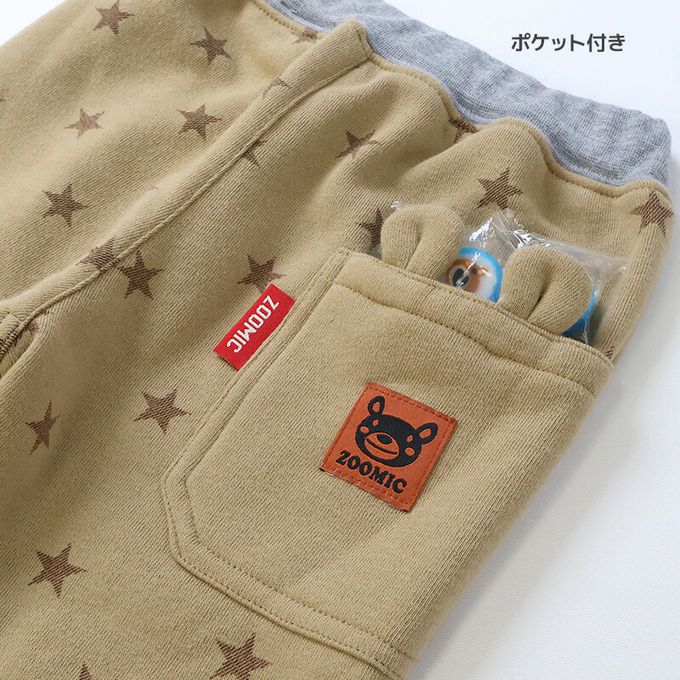 日本 ZOOLAND - 熊耳口袋滿版星星裏毛長褲-卡其
