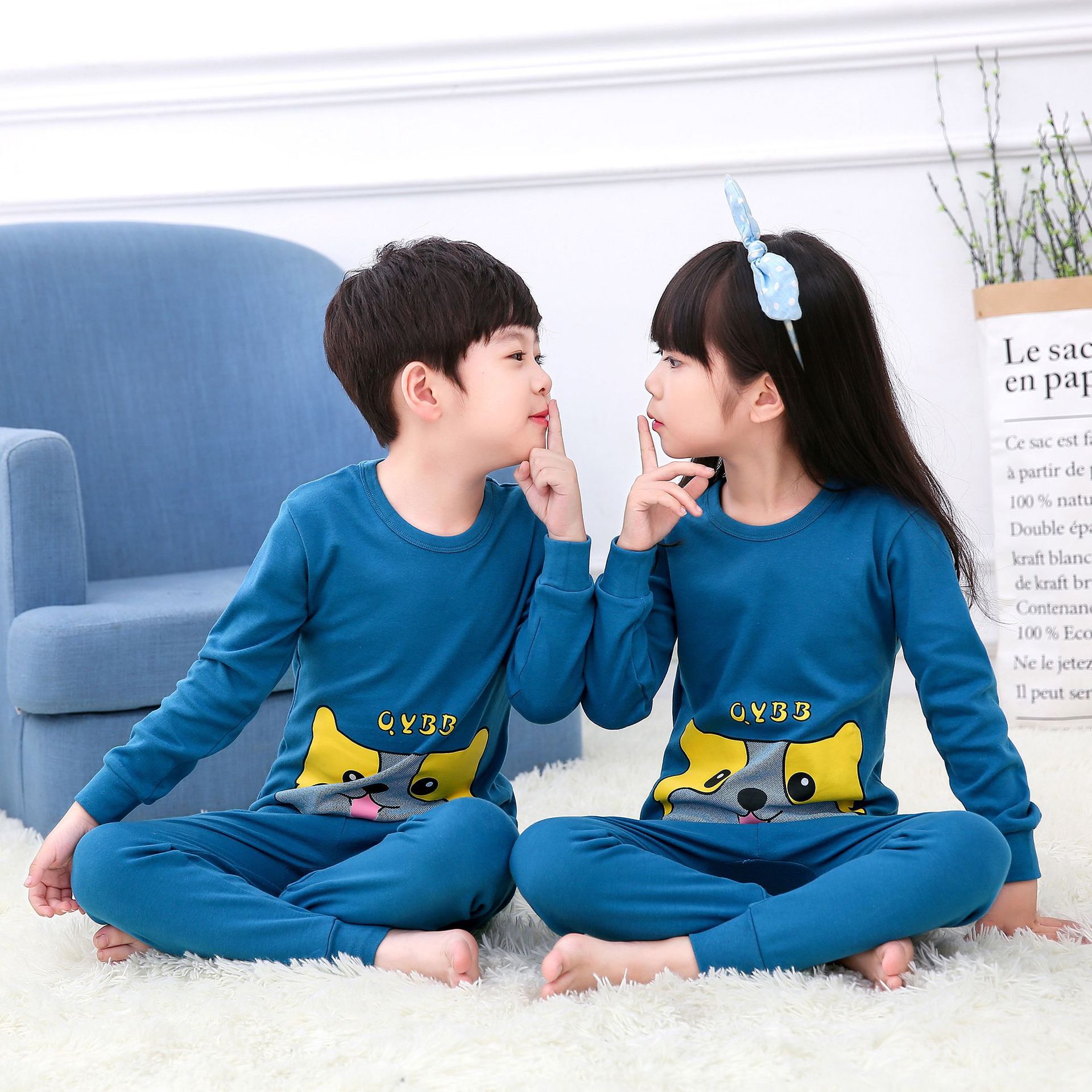 純棉兒童長袖家居服套裝-問號貓貓-橘紅+灰