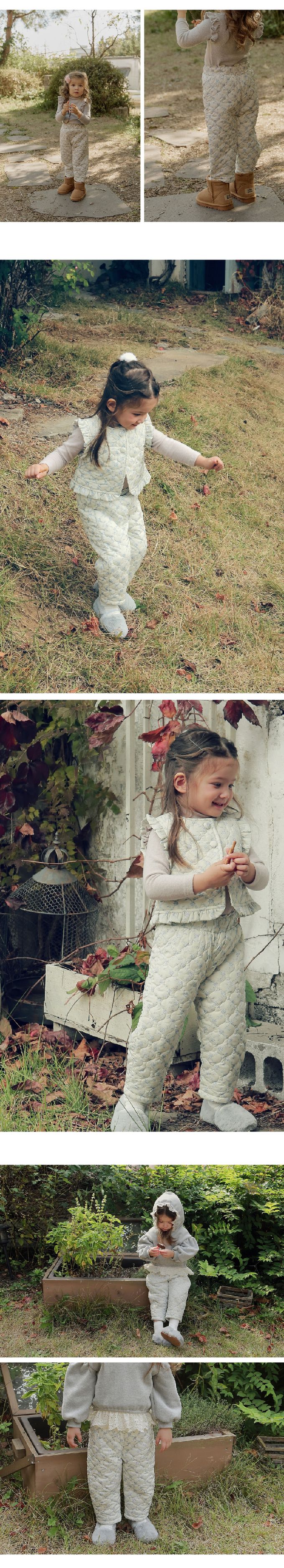 韓國 Puellaflo - 冬日溫暖印花絎縫長褲-藍花