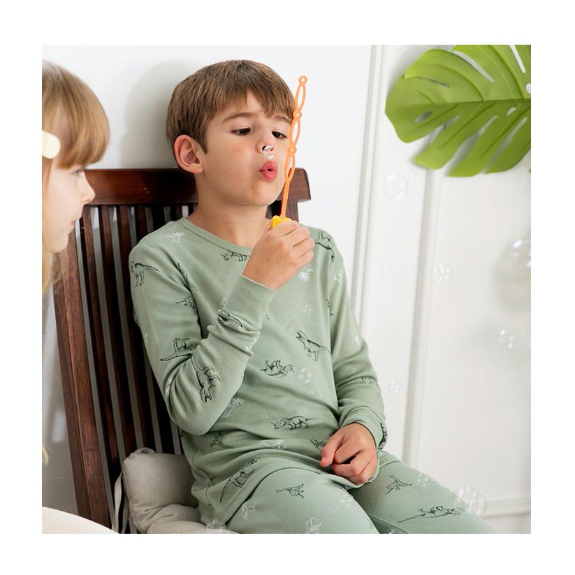 韓國 Mavarm Organic - 莫代爾/有機棉20支混紡長袖家居服-綠色恐龍