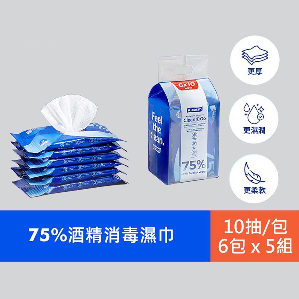 新加坡 Alcosm - 75% 酒精濕紙巾 - (10抽x6包) (5袋)