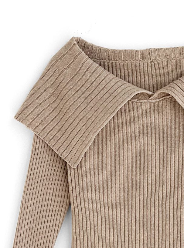 日本 GRL - 大翻領羅紋彈性薄針織上衣-奶茶 (F)